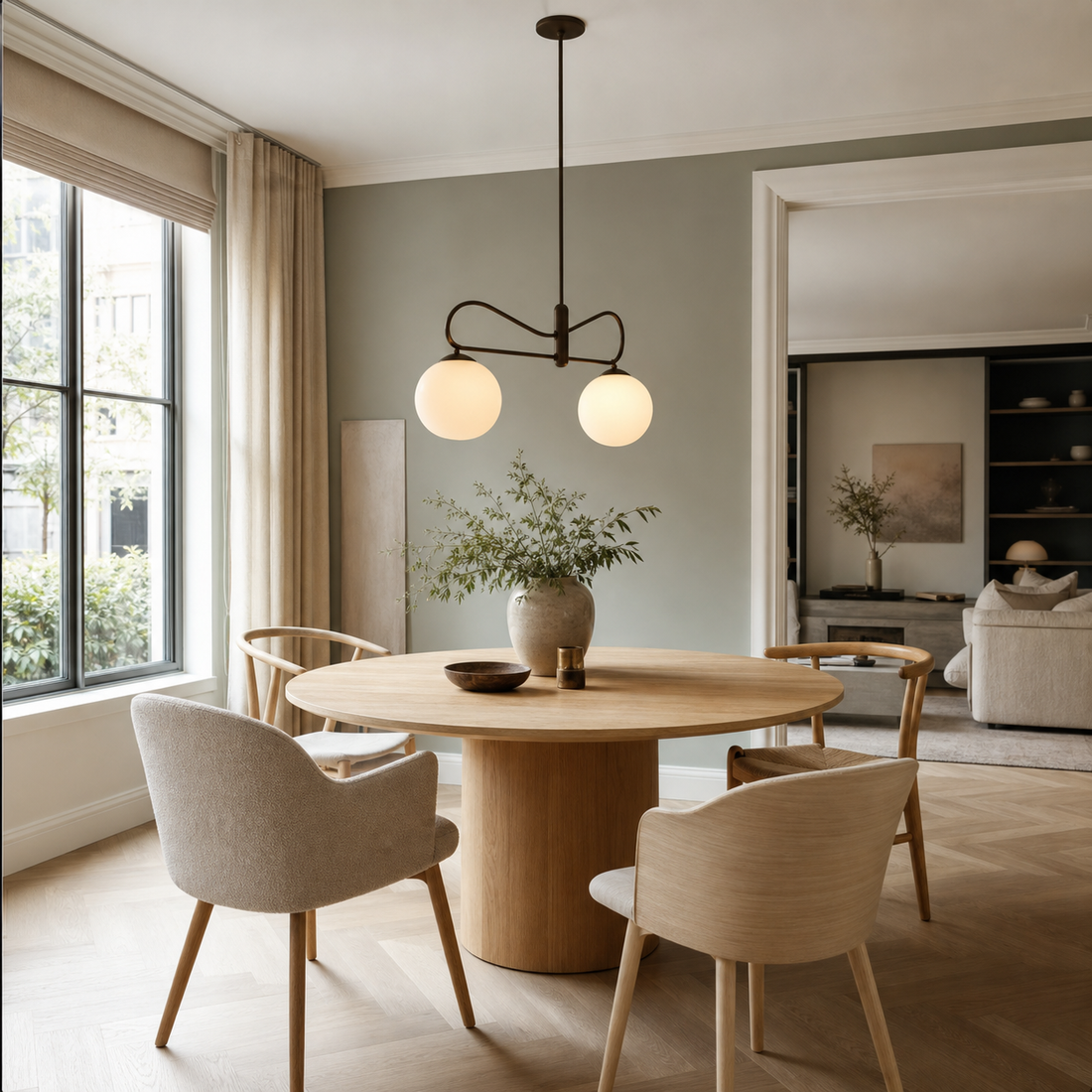 Lichte eetkamer met ronde houten tafel en moderne hanglamp met opaalglazen bollen