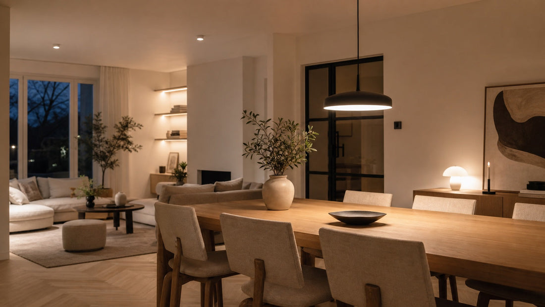 Scandinavische woon- en eetkamer met warme verlichting boven een houten eettafel