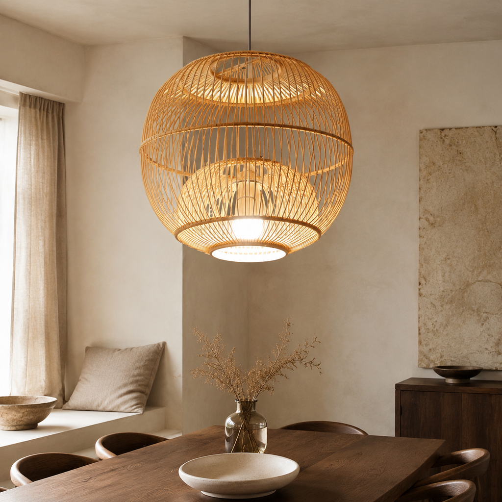 Calico bamboe hanglamp in een zachte Scandinavische eetruimte
