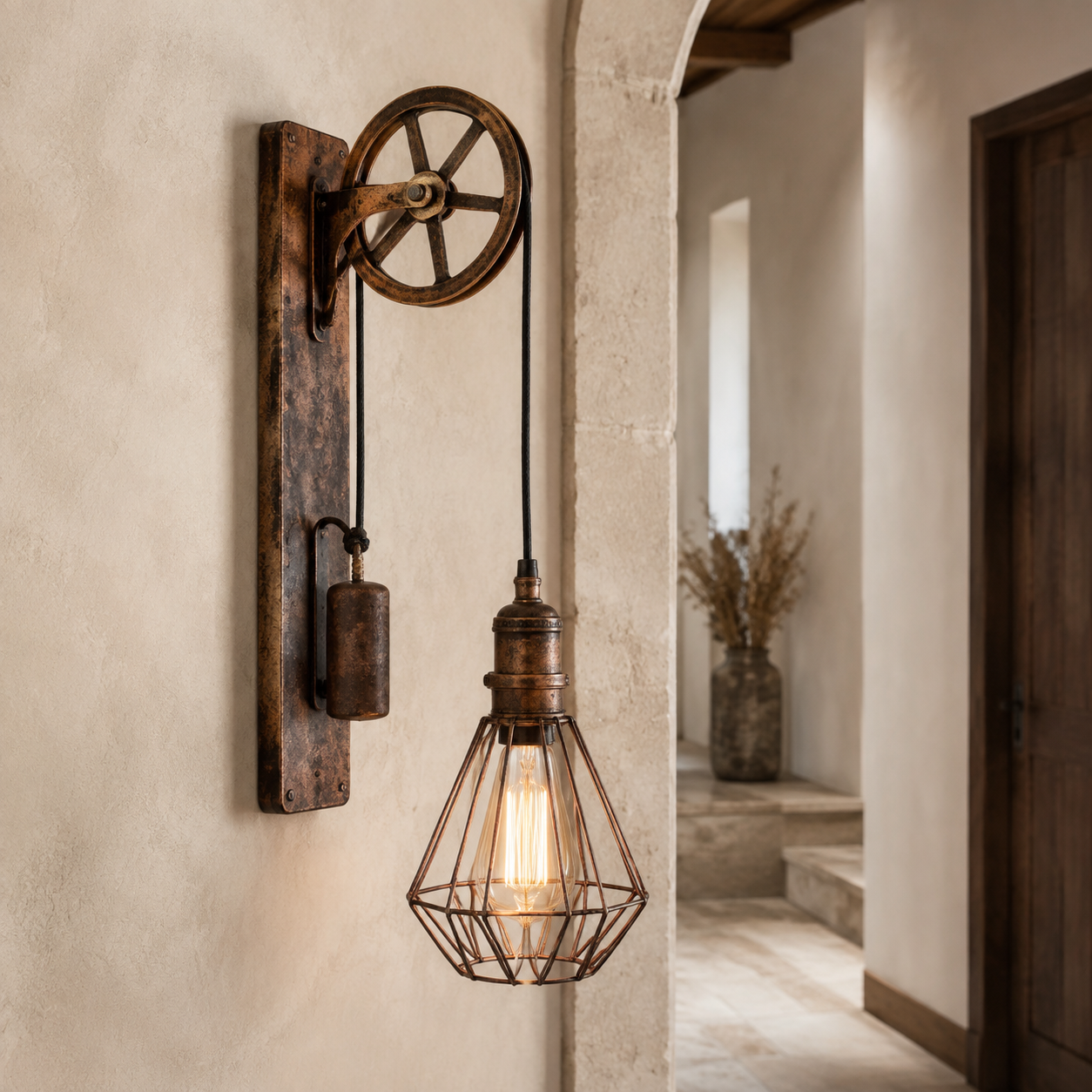 Loft industriële wandlamp met katrol