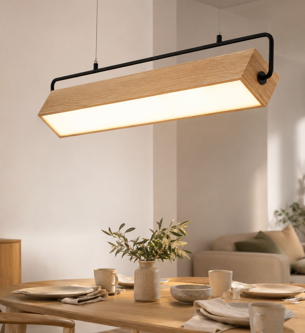 Adelbert verstelbare houten LED-hanglamp boven een eettafel
