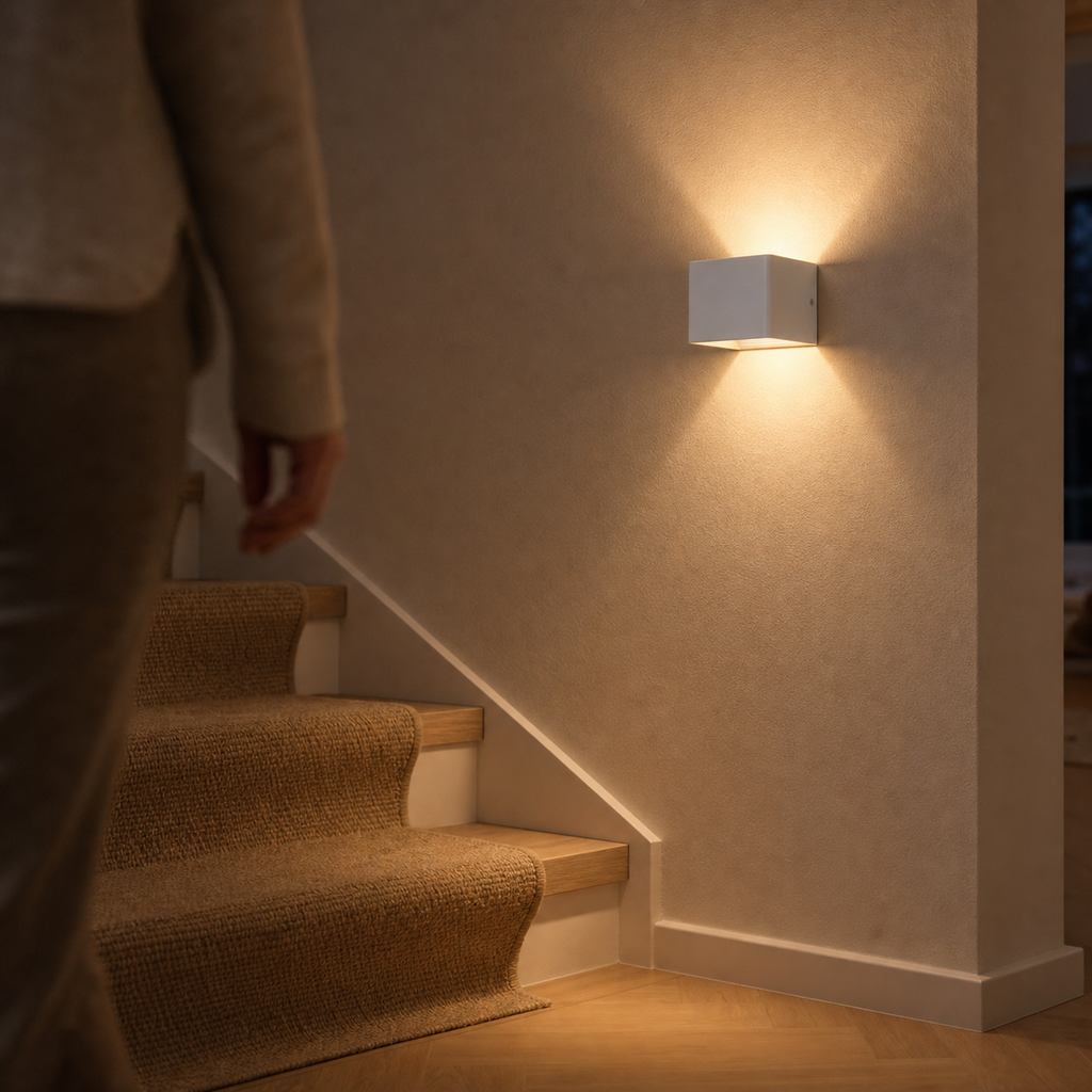 Witte Cube wandlamp geeft automatisch licht bij een donker trapgat