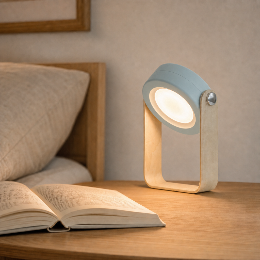 Noura opvouwbare oplaadbare lantaarnlamp in blauwgrijs met natuurlijke houten beugel