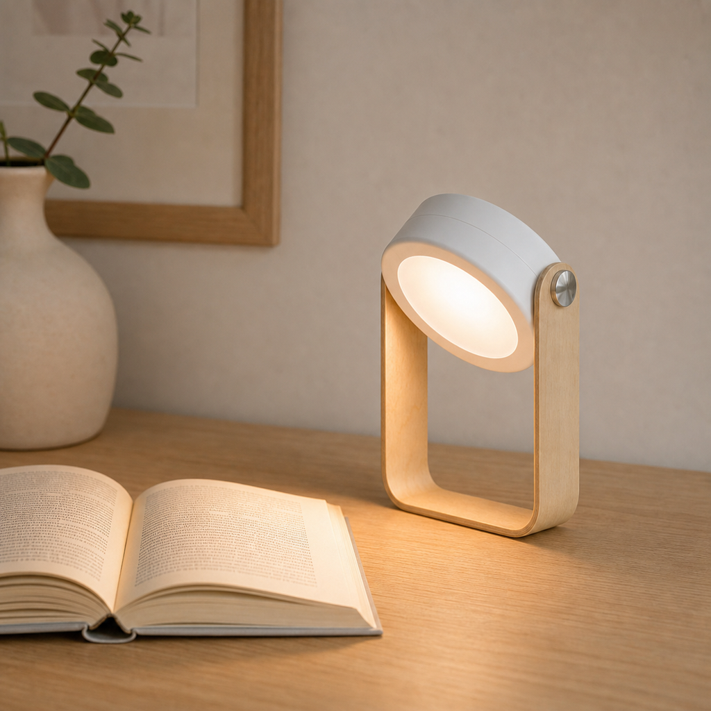Noura oplaadbare lamp met draaibare kop gericht op een boek
