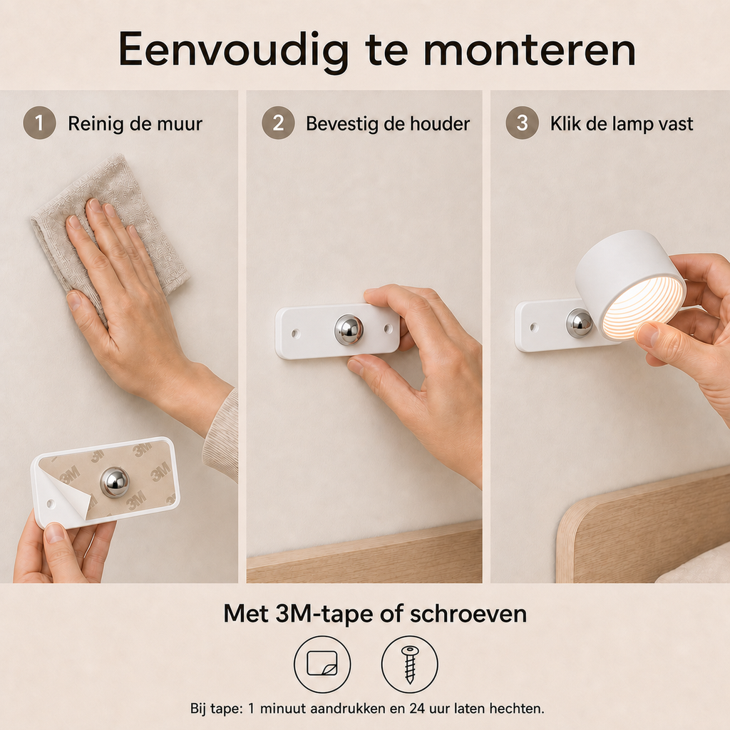 Montage van de magnetische wandlamp met 3M-tape of schroeven in drie stappen