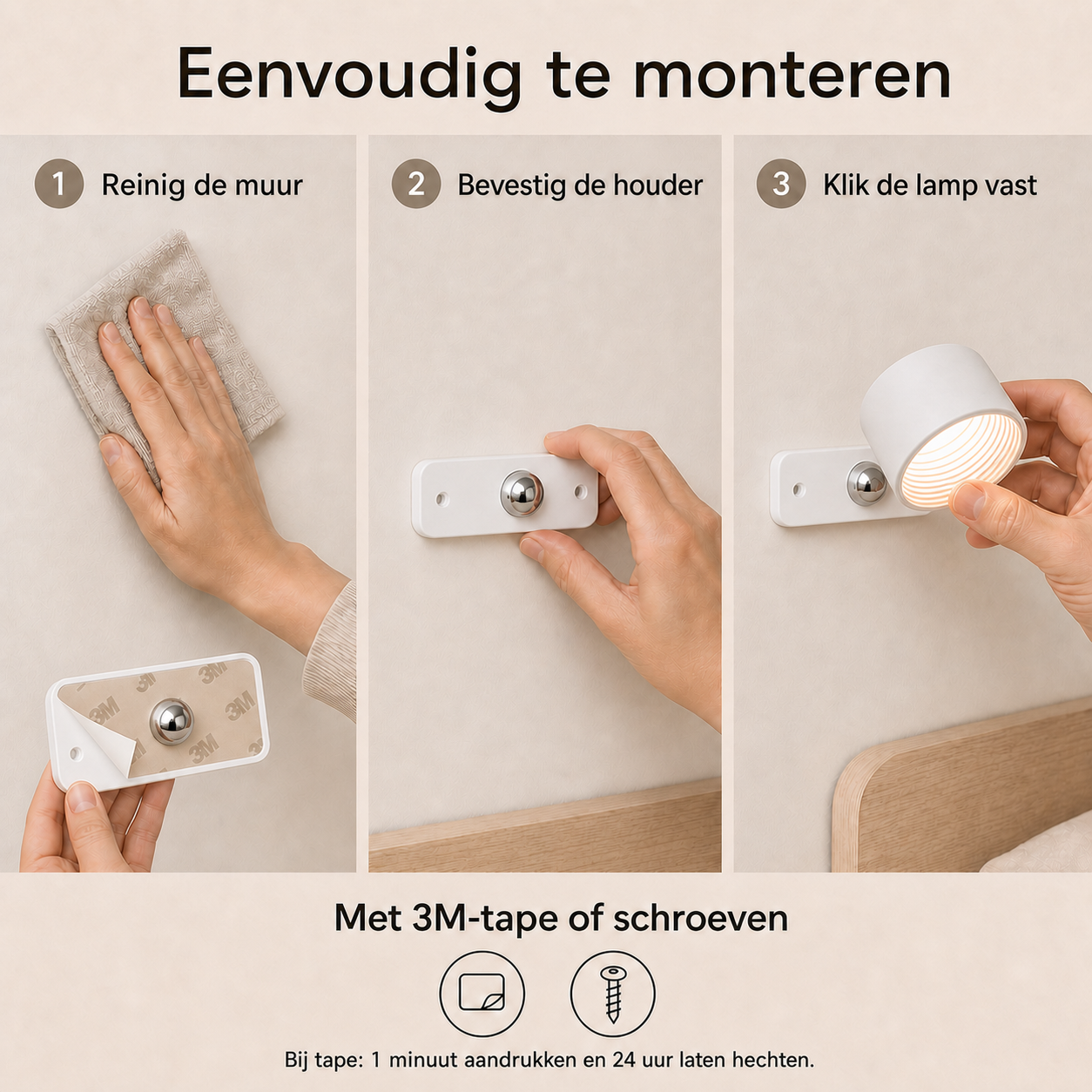 Montage van de magnetische wandlamp met 3M-tape of schroeven in drie stappen