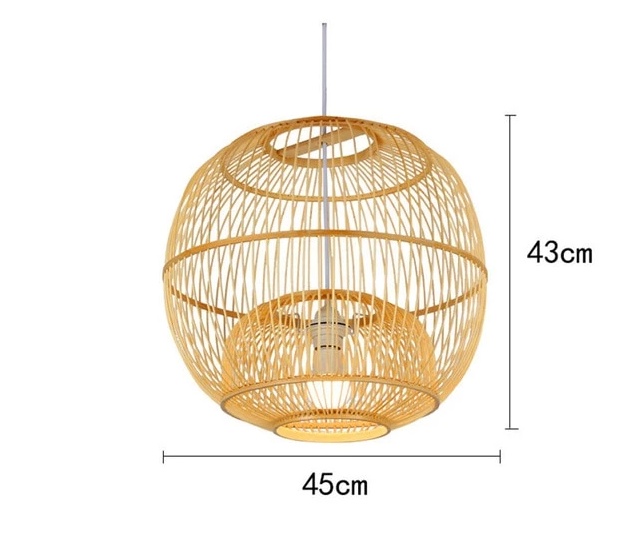 Maattekening van een ronde Calico bamboe hanglamp van 45 cm breed en 43 cm hoog