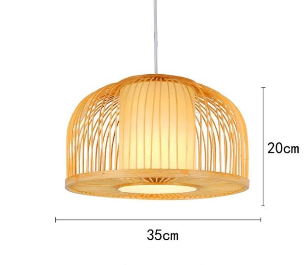Maattekening van een koepelvormige Calico bamboe hanglamp van 35 cm breed en 20 cm hoog